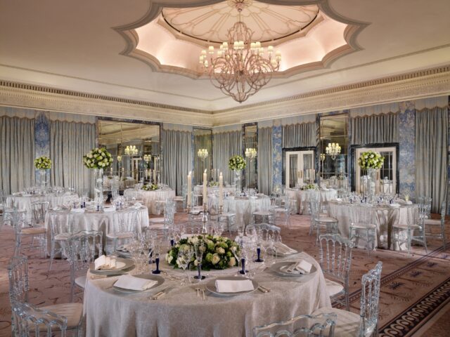 The Dorchester, The Ballroom, white flower social set up, crystal chairs